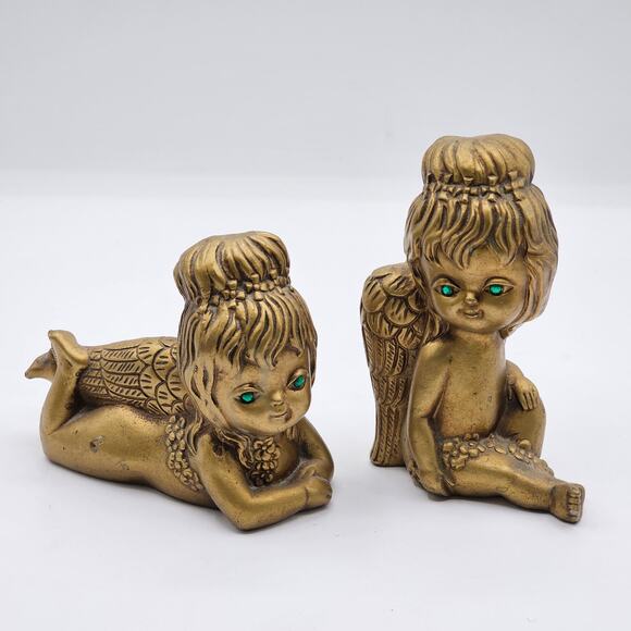 Mid-Century 1960s Golden Green Eyed Angels Norcrest Cherub Figurines - Vintage - Picture 1 of 8